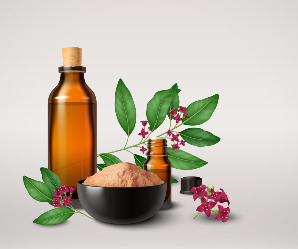 Sandalwood realistic colored composition consisting of bottle with oil bowl